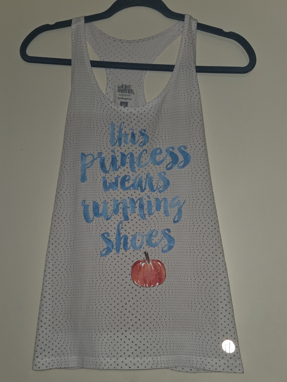 White Racerback Tank with Blue Script and Pumpkin Graphic
